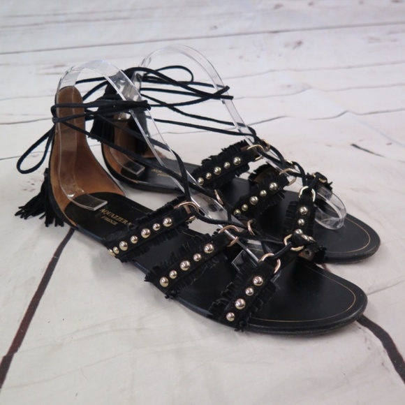 Aquazzura Sandal Tulum Black Studded Fringed Suede - Picture 3 of 8